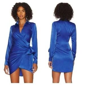 Superdown Sophie Draped Mini Dress Small Cobalt Blue Satin Wrap Tie Revolve